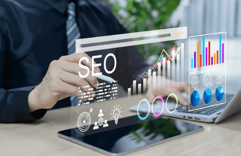 graphs, blog posts, or search bar icons—emerging from laptops or tablets.