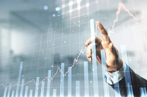 Illustrated analytics concept with rising graphs and small figures