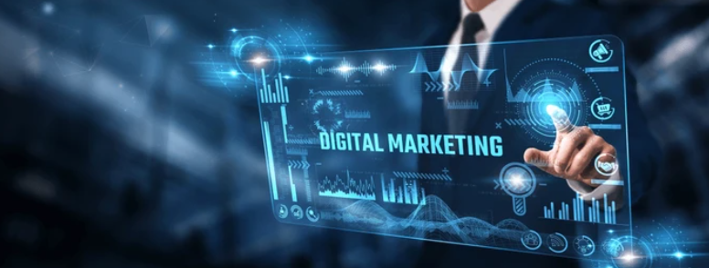 Business professional using digital marketing technology with analytics and growth charts — representing Boise recession marketing strategies.