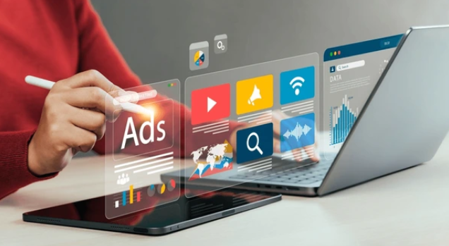 A blurred or stylized version of the Google Ads dashboard showing keywords and performance metrics.