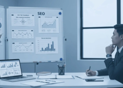 Business professional reviewing SEO performance charts during a marketing strategy meeting, comparing organic search data for long-term growth planning.