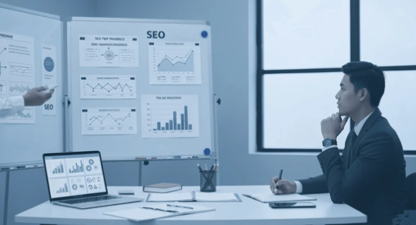 Business professional reviewing SEO performance charts during a marketing strategy meeting, comparing organic search data for long-term growth planning.