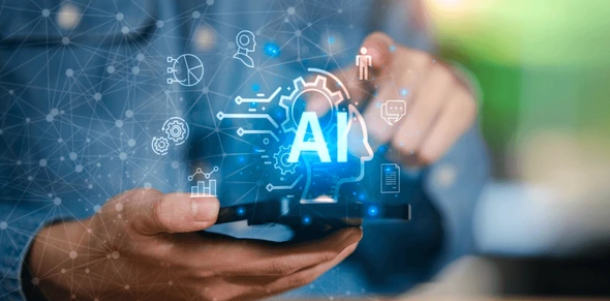 Person using smartphone with artificial intelligence (AI) graphics overlay, symbolizing AI-powered SEO strategies for Boise businesses.