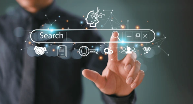 Business professional interacting with virtual search interface, symbolizing Google Discover optimization for Boise entrepreneurs.
