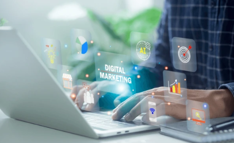 Something tech‑oriented and professional, like a laptop or device with SEO analytics graphs/icons, maps, location markers, etc.
