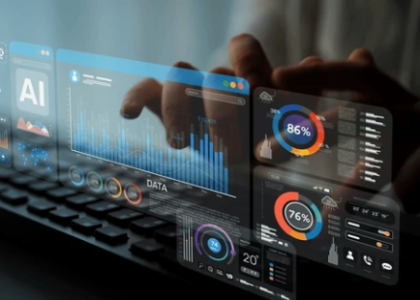 Hands typing on keyboard with floating AI dashboards, analytics, and search data visualizations — symbolizing AI overviews and local SEO strategy.