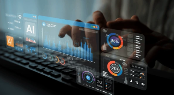 Hands typing on keyboard with floating AI dashboards, analytics, and search data visualizations — symbolizing AI overviews and local SEO strategy.