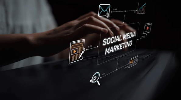 Hands typing on a keyboard with digital icons and the words 'Social Media Marketing' overlayed, representing a strategic approach for Boise small businesses.