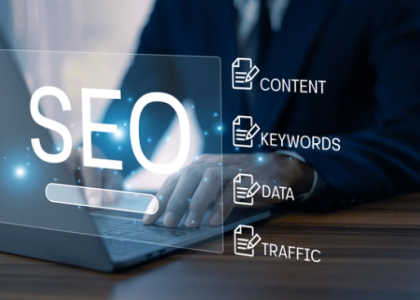 Business professional working on SEO strategy with digital overlay showing content, keywords, data, and traffic metrics