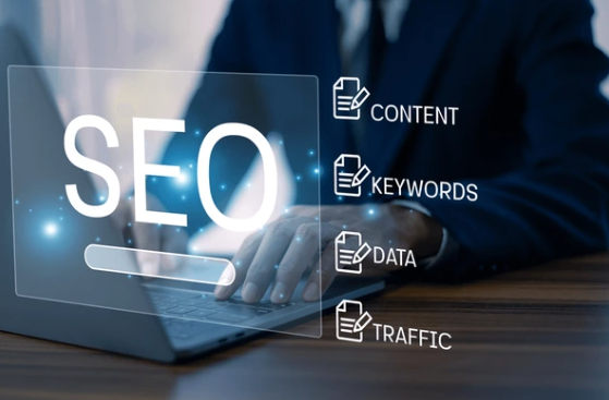 Business professional working on SEO strategy with digital overlay showing content, keywords, data, and traffic metrics