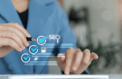 Business professional reviewing SEO checklist with digital interface overlay, representing Boise SEO maintenance tasks.