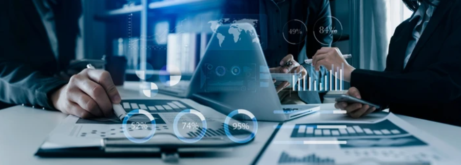 Business professionals analyzing digital marketing performance metrics on laptops and printed reports, with data visualizations and graphs overlaid in a modern office setting.