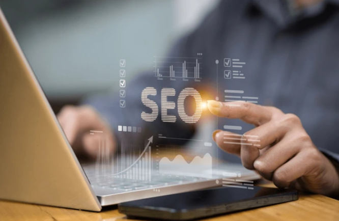 Business owner optimizing a Google Ads campaign on a laptop, with SEO and analytics graphics representing PPC strategy and ROI tracking.
