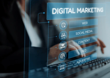Person interacting with transparent digital marketing interface showing web, social media, content, SEO, and advertising options on screen