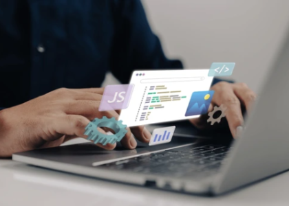 Developer performing website maintenance with floating dashboard icons for code, performance, and security optimization
