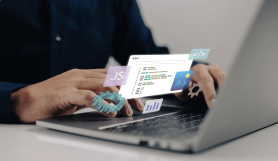 Developer performing website maintenance with floating dashboard icons for code, performance, and security optimization