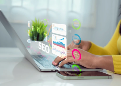 Boise business laptop with SEO dashboard showing on-page optimization results