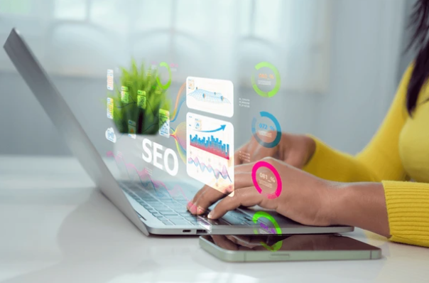 Boise business laptop with SEO dashboard showing on-page optimization results