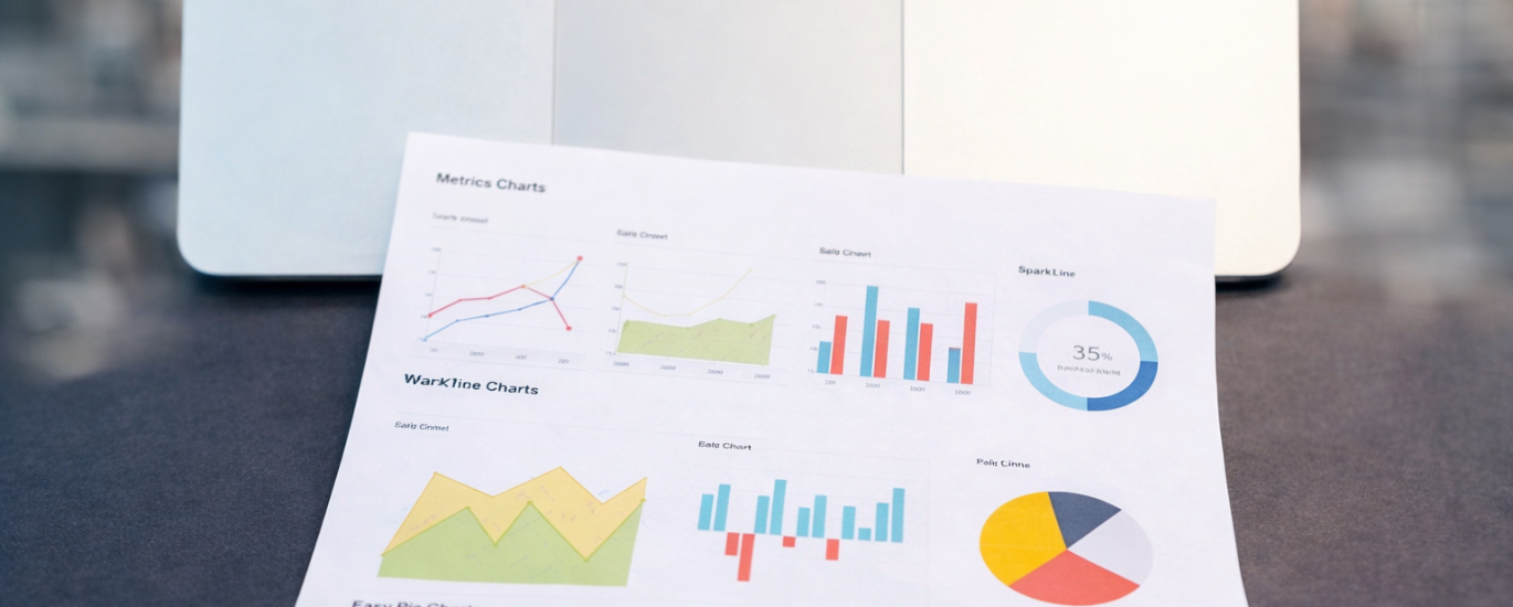 Close-up of a laptop with printed SEO charts and graphs on a dark desk surface, representing website performance and digital marketing analytics.