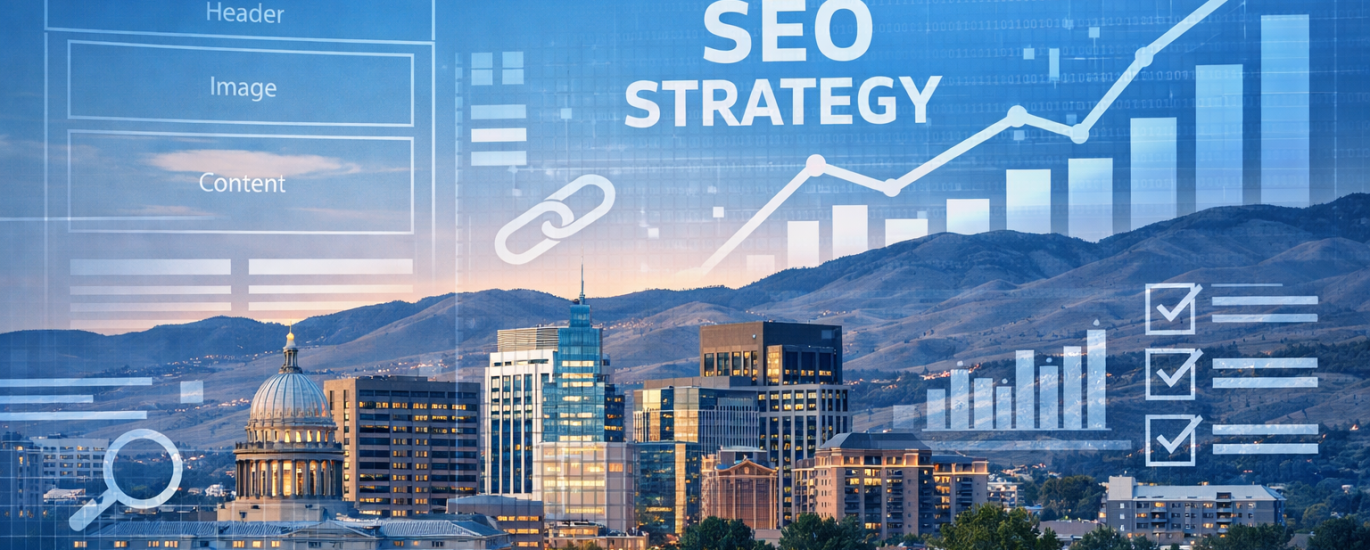 Boise city skyline at dusk with digital overlays of SEO charts, wireframes, and analytics icons representing SEO migration strategy.