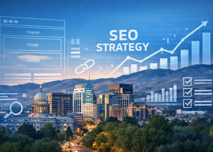 Boise city skyline at dusk with digital overlays of SEO charts, wireframes, and analytics icons representing SEO migration strategy.