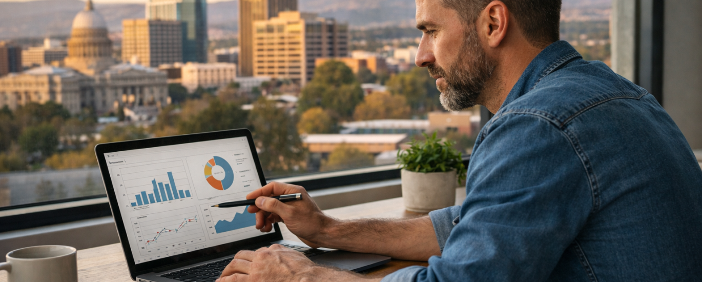 Boise business owner analyzing content marketing performance on a laptop with Boise skyline in background