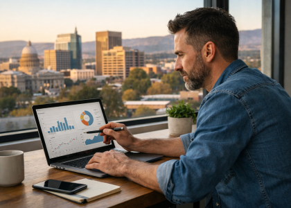 Boise business owner analyzing content marketing performance on a laptop with Boise skyline in background
