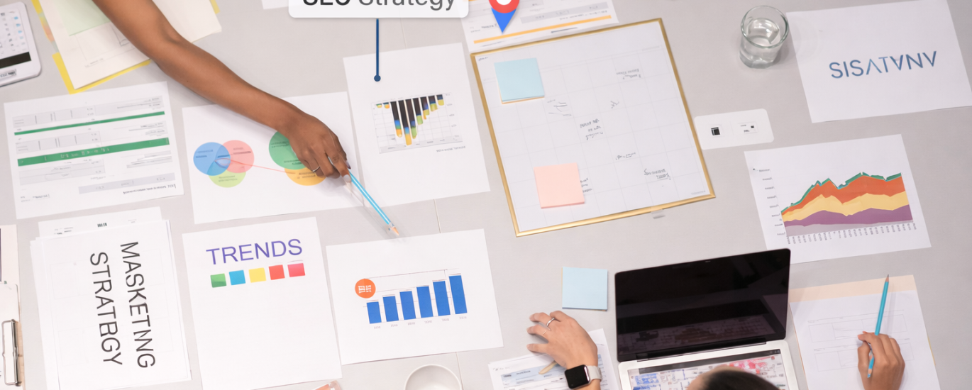 Overhead view of a diverse marketing team collaborating at a meeting table filled with charts, graphs, and strategy documents. A location pin and label read “Boise Local SEO Strategy,” emphasizing the team’s focus on regional digital marketing planning.