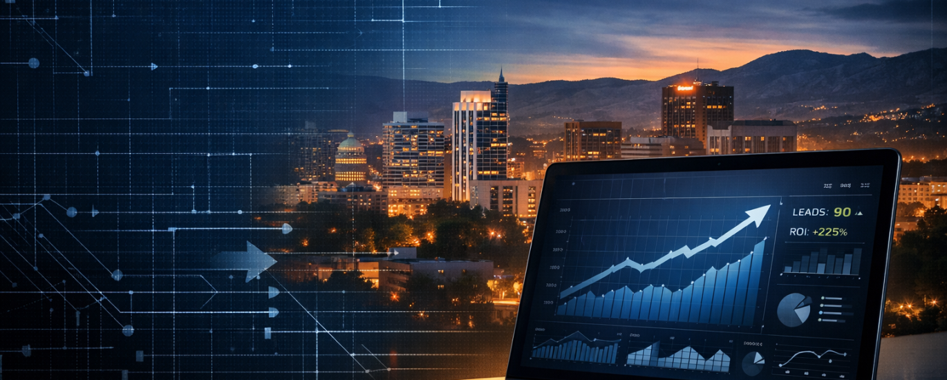 Boise skyline at sunset with laptop displaying SEO analytics dashboard and revenue growth metrics