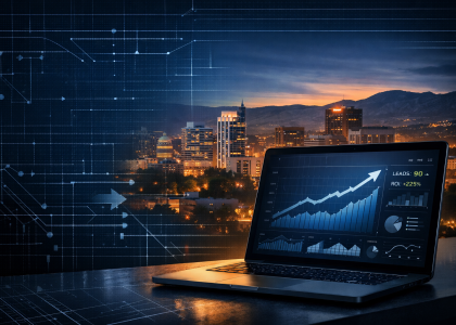 Boise skyline at sunset with laptop displaying SEO analytics dashboard and revenue growth metrics