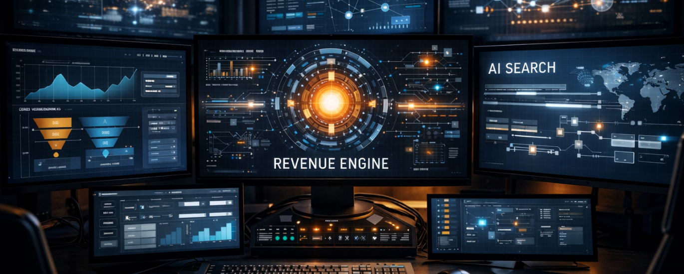 High-tech digital control room displaying multiple analytics dashboards and AI search interfaces, centered around a glowing “Revenue Engine” system representing automated marketing and SEO infrastructure.