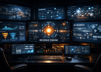 High-tech digital control room displaying multiple analytics dashboards and AI search interfaces, centered around a glowing “Revenue Engine” system representing automated marketing and SEO infrastructure.