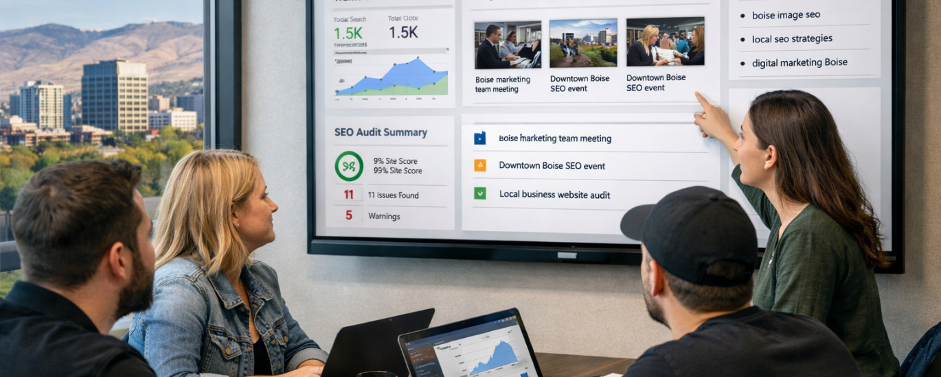 Boise marketing team reviewing image SEO analytics dashboard on large screen during digital strategy meeting with downtown skyline in background