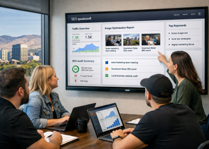 Boise marketing team reviewing image SEO analytics dashboard on large screen during digital strategy meeting with downtown skyline in background