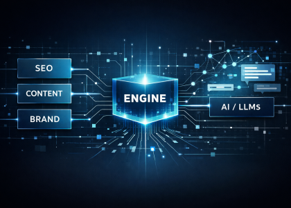 Diagram showing SEO, content, and brand systems feeding into a central engine, connected to AI and LLM optimization for modern search visibility.