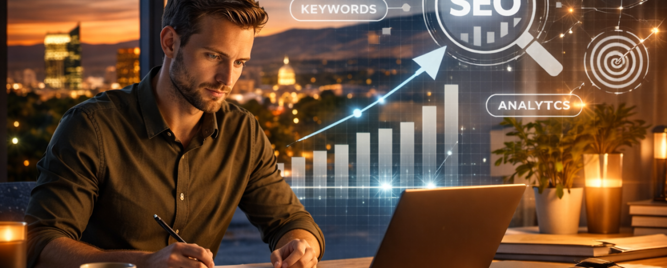 Focused business owner analyzing SEO performance on a laptop with growth charts, search analytics, and Boise city skyline in the background, representing strategic SEO services and data-driven digital growth.