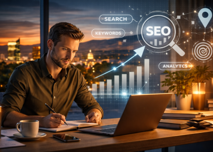 Focused business owner analyzing SEO performance on a laptop with growth charts, search analytics, and Boise city skyline in the background, representing strategic SEO services and data-driven digital growth.