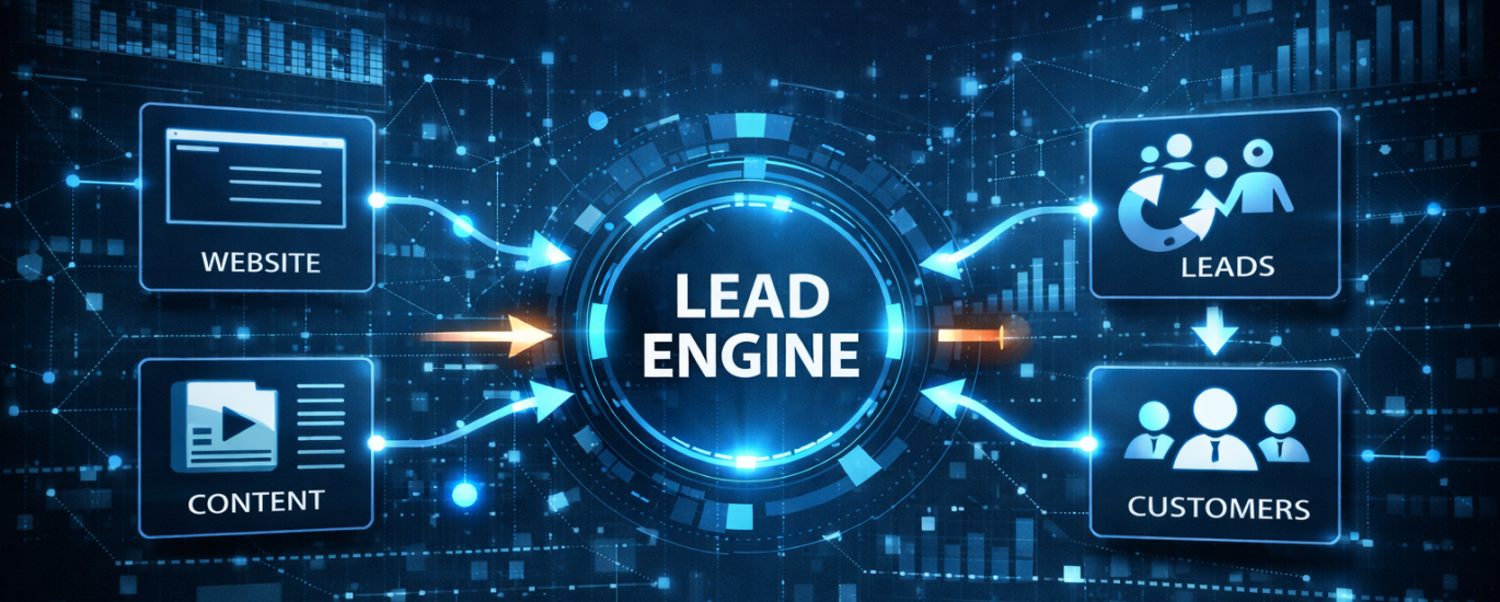 Boise lead generation engine diagram showing website, content marketing, leads, and customers connected in a digital growth system.