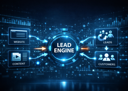 Boise lead generation engine diagram showing website, content marketing, leads, and customers connected in a digital growth system.