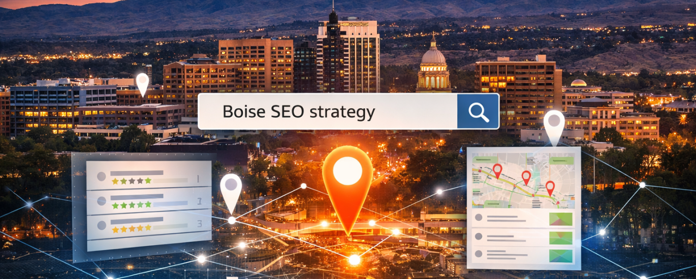 Boise Idaho skyline with digital search interface, map pins, and analytics visuals representing Boise SEO strategy and local search visibility for businesses.