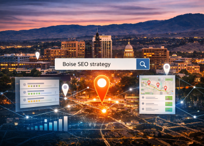 Boise Idaho skyline with digital search interface, map pins, and analytics visuals representing Boise SEO strategy and local search visibility for businesses.