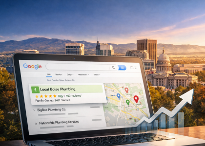 Boise skyline behind a laptop displaying Google search results where a local Boise business ranks above national competitors, representing local SEO growth.