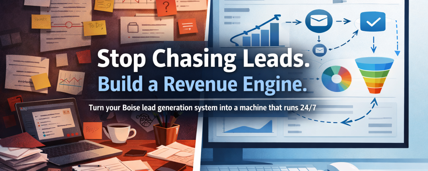 Split-screen illustration showing chaotic workspace with scattered notes versus organized digital dashboard, representing a Boise lead generation system transformed into an automated revenue engine.