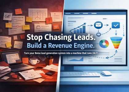 Split-screen illustration showing chaotic workspace with scattered notes versus organized digital dashboard, representing a Boise lead generation system transformed into an automated revenue engine.