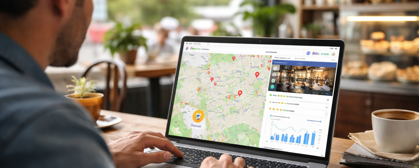 Boise business owner optimizing Google Business Profile on laptop to improve local SEO visibility, reviews, and Map Pack rankings in a modern workspace