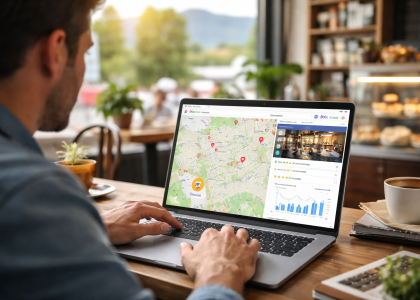 Boise business owner optimizing Google Business Profile on laptop to improve local SEO visibility, reviews, and Map Pack rankings in a modern workspace