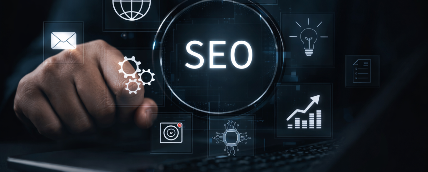 Person using a laptop with glowing SEO interface icons representing digital marketing strategy and search engine optimization for a Boise digital marketing company.