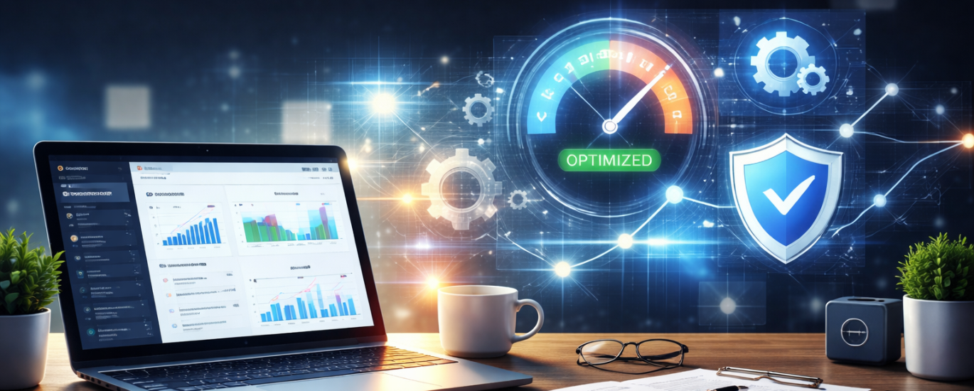 Modern digital workspace showing a laptop with website analytics dashboard, speed optimization gauge, security shield icon, and performance graphs representing Boise website maintenance and SEO optimization services.