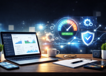 Modern digital workspace showing a laptop with website analytics dashboard, speed optimization gauge, security shield icon, and performance graphs representing Boise website maintenance and SEO optimization services.