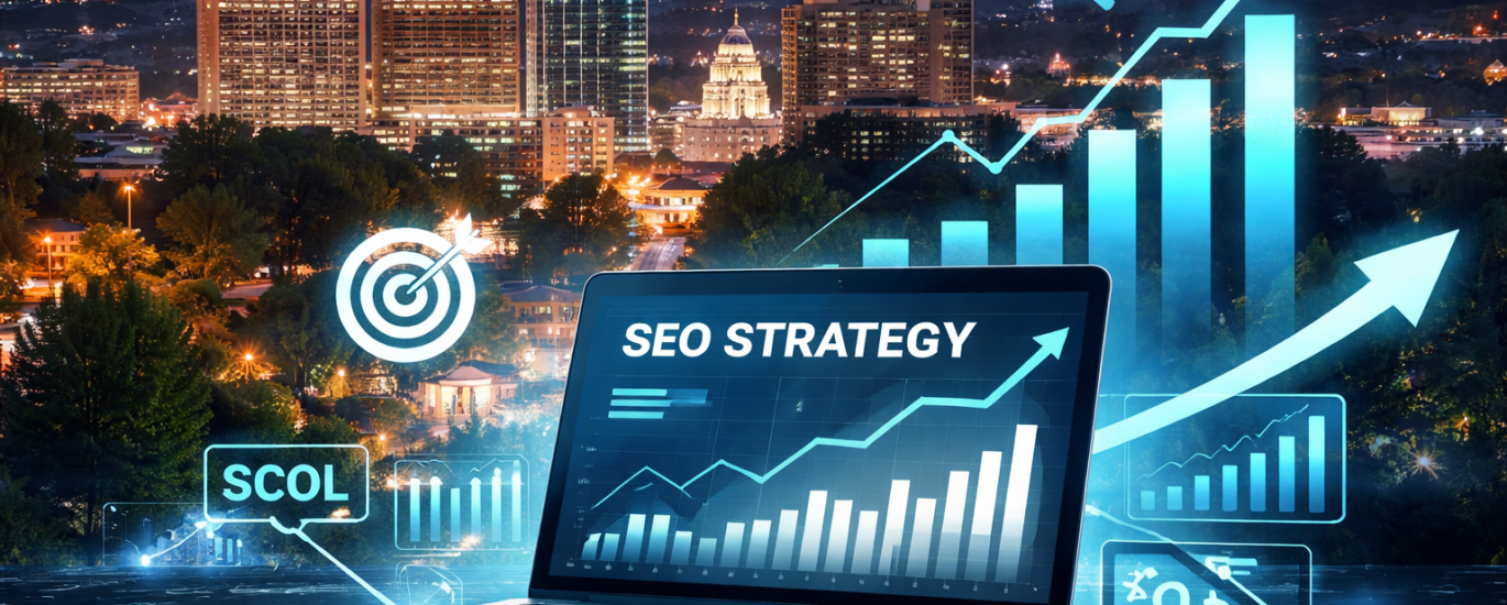 Boise skyline at night with the Idaho State Capitol illuminated, overlaid with rising SEO analytics charts and a laptop displaying “SEO Strategy,” symbolizing a revenue-driven Boise SEO strategy and digital growth engine.